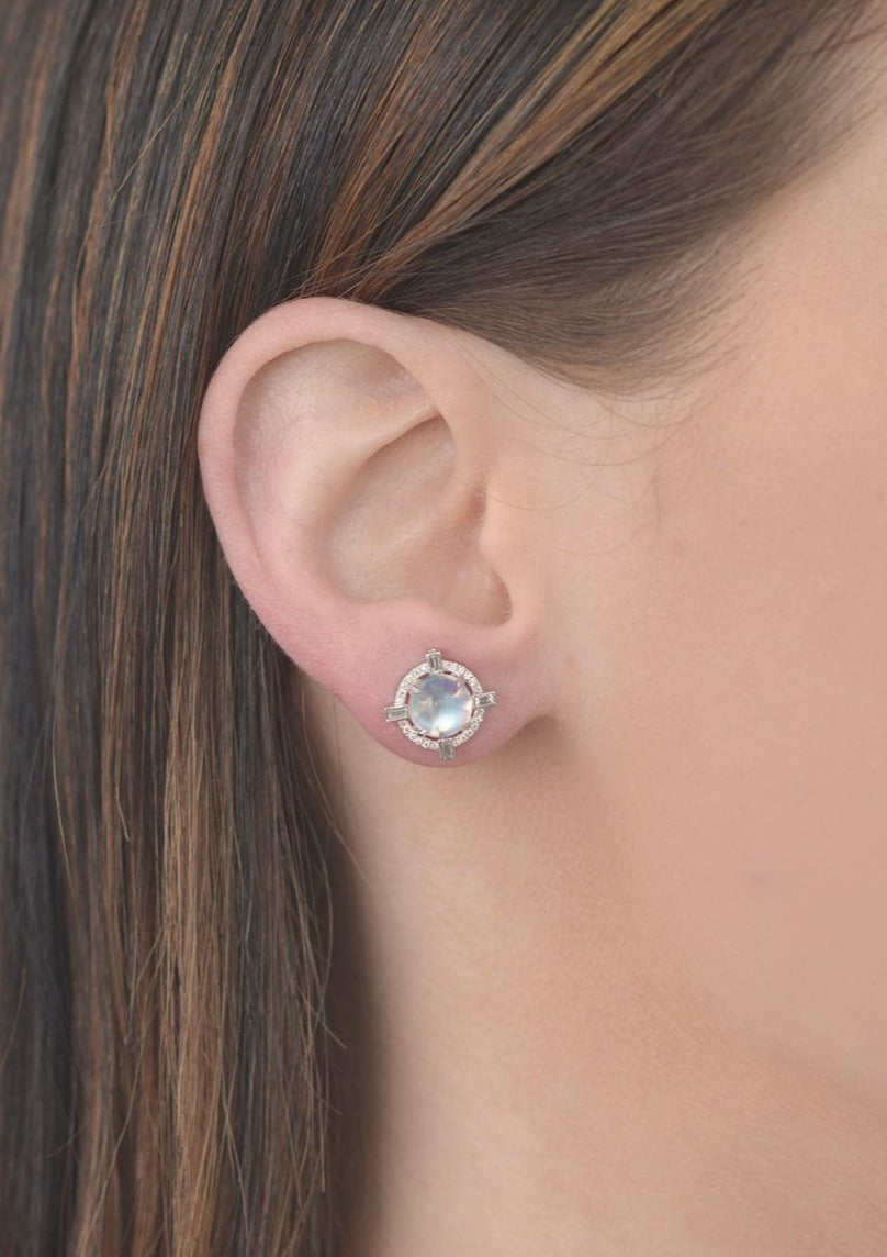 Round Starburst Moonstone and Diamond Stud Earrings