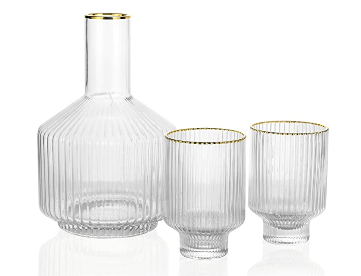 1500 C Tabletop Tiara Optic Swirl Bedside Carafe 1 Pitcher and 2 Tumblers, Jug 59 oz Tumbler 12.5 oz, Gold Rim Drinkware Set