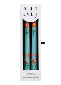 Teal California Poppy Hand-Painted Taper Candles, Set of Two