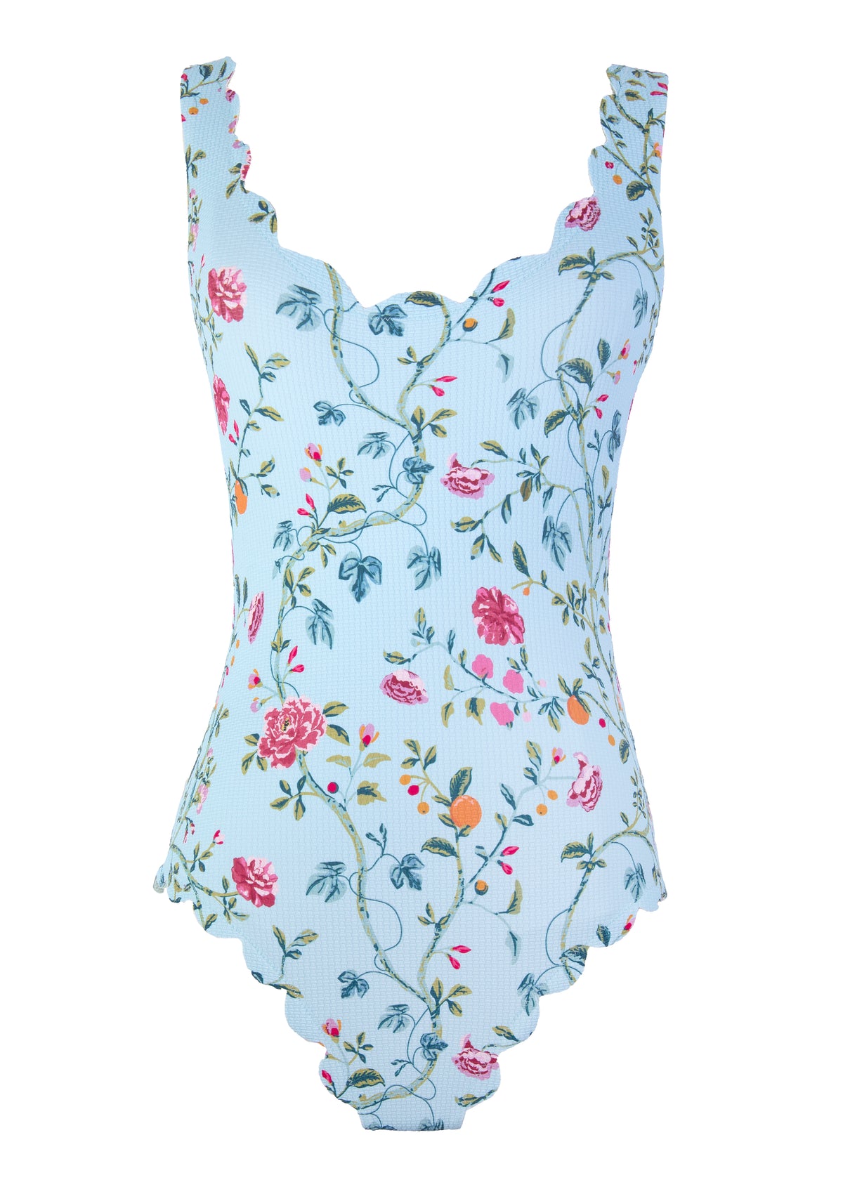 Close-up view of Palm Springs Maillot showcasing its light blue floral print and scalloped edges on a white background