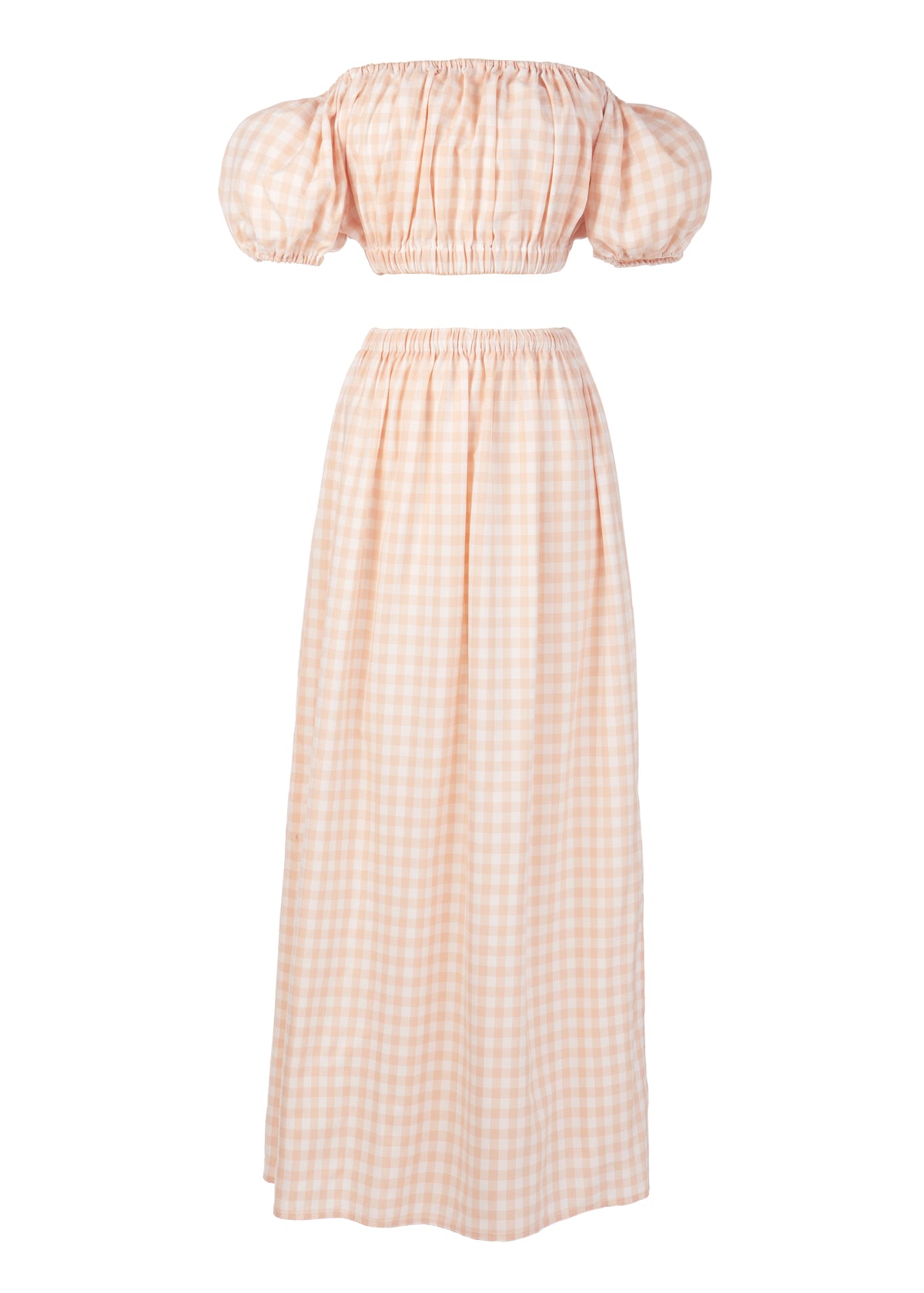 Front view of The Stella Set in Blush Gingham showcasing puff sleeves and elastic waistbands on white background