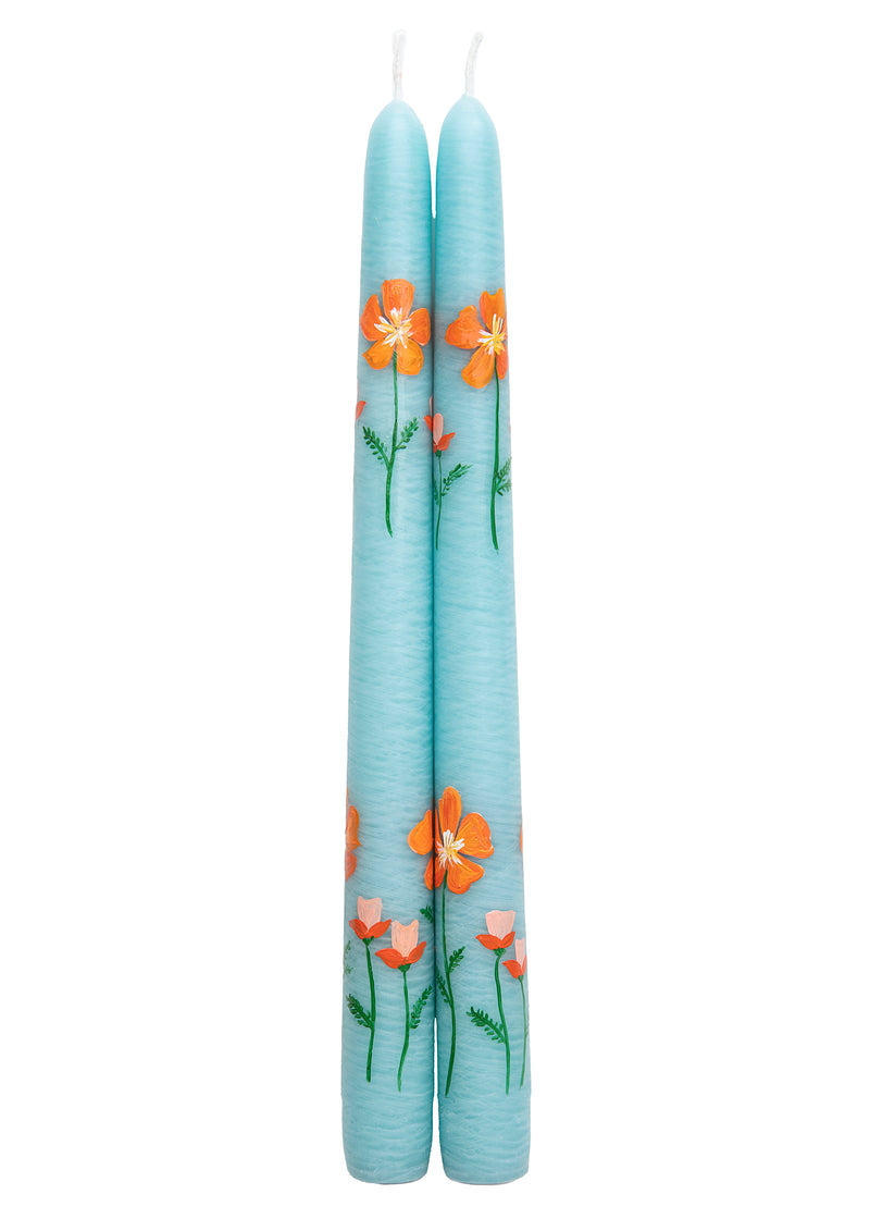 Teal California Poppy Hand-Painted Taper Candles, Set of Two