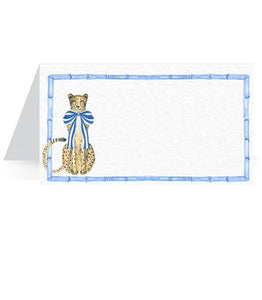 Cheetah Place Card with blue bows, bamboo frame and ginger jar