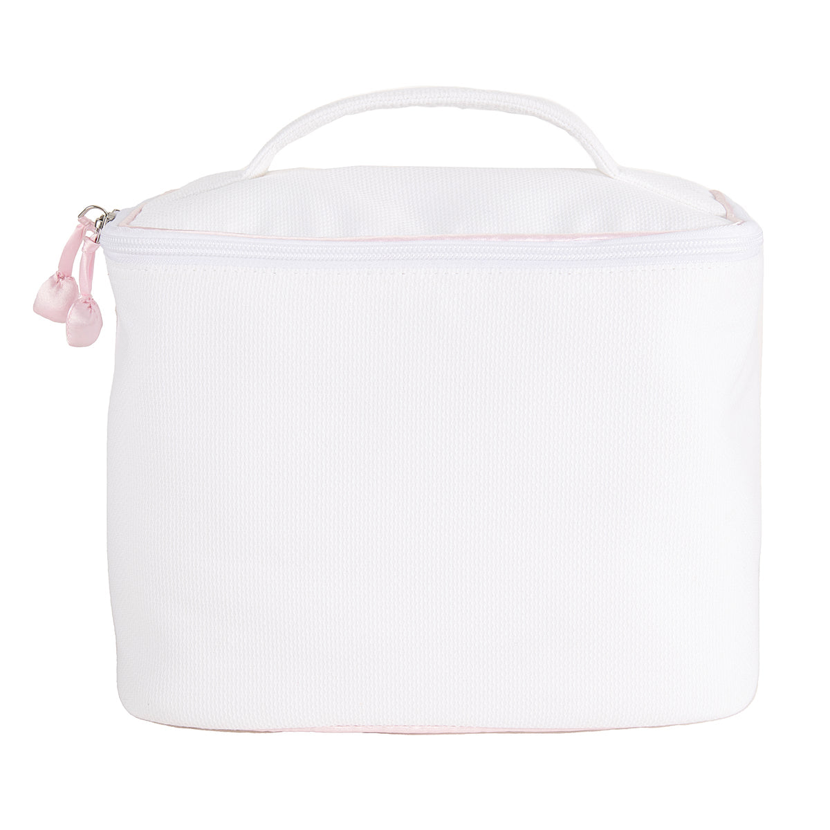 Front view of Pique Train Case showcasing its zip closure, handle, and pink satin trim against a white background