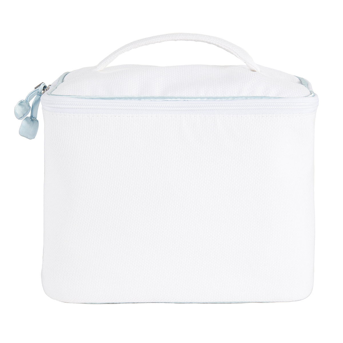 Front view of Pique Train Case showcasing white cotton, satin trim, zipper closure, and handle on a white background