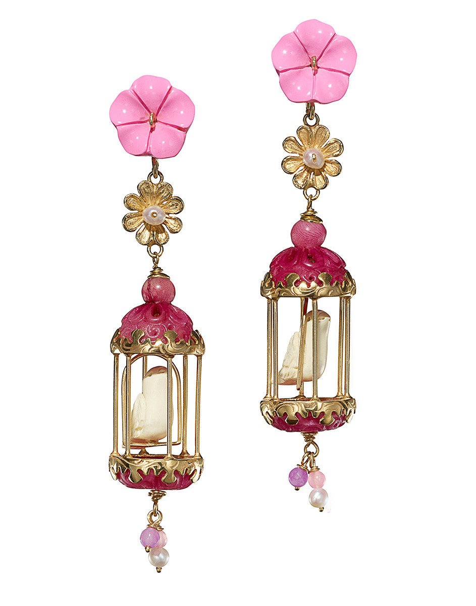 Front view of Aviary Classic earrings in Bubble Pink and Fuchsia with gold birdcages and dangling beads on white