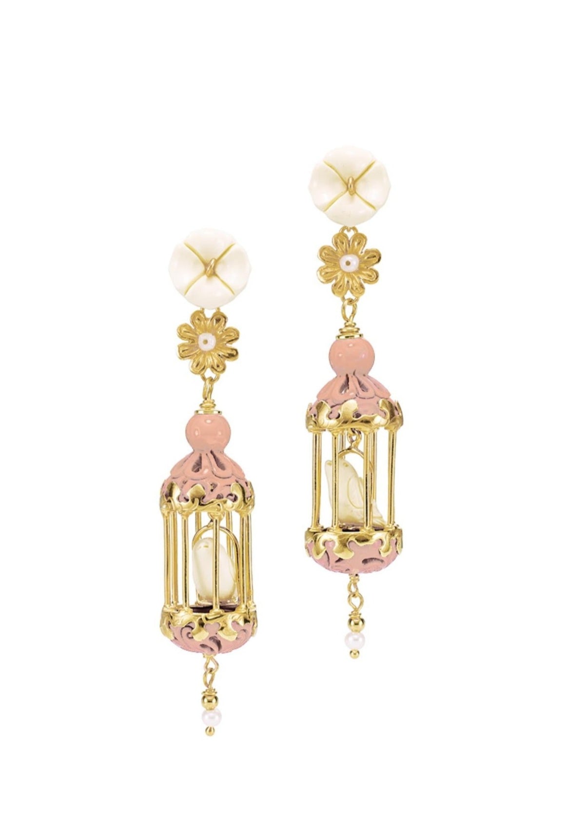 Front view of Aviary Classic Mini earrings showcasing pink quartz, white jasper, seed pearls, and floral gold detail