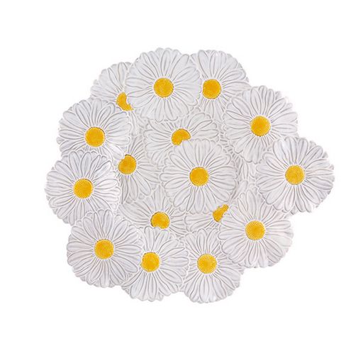 Top view of Maria Flor Centrepiece 47 inch showcasing raised white daisy flowers with yellow centers on a white background