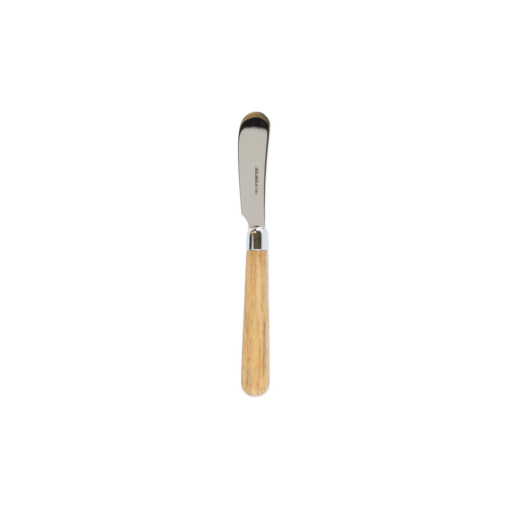 Front view of Albero spreader showcasing stainless steel blade and warm wood-toned handle on white background
