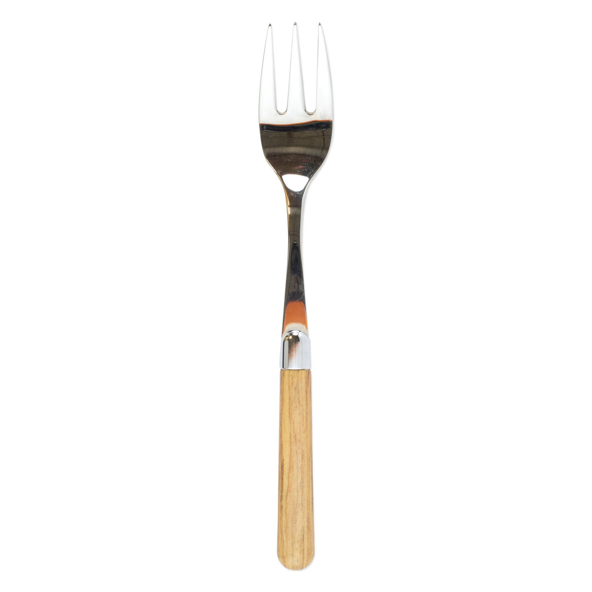 Straight-on view of Albero serving fork showcasing three-prong stainless steel head and light wood handle on white background