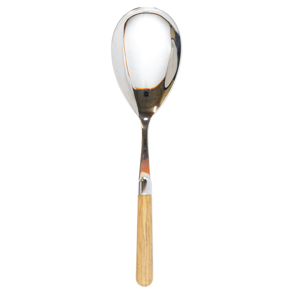 Front view of Albero serving spoon showcasing polished stainless steel bowl and oak-colored wooden handle on white background