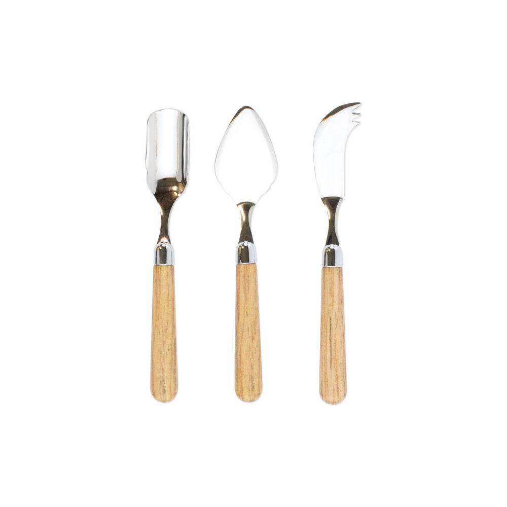 Front view of Albero cheese knife set showing three stainless steel blades with light wood handles on white background