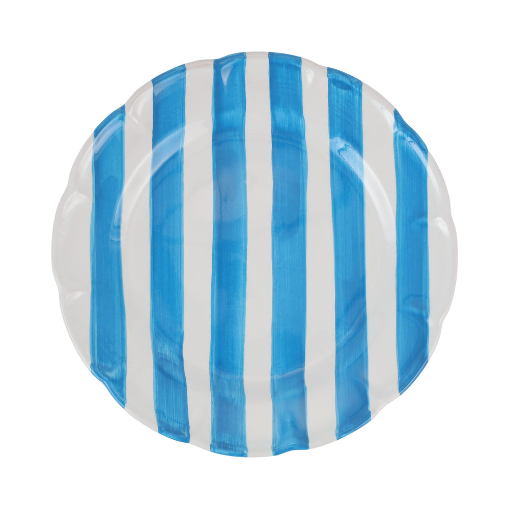 Top view of Amalfitana Stripe Dinner Plate showcasing aqua and white vertical stripes with a white background