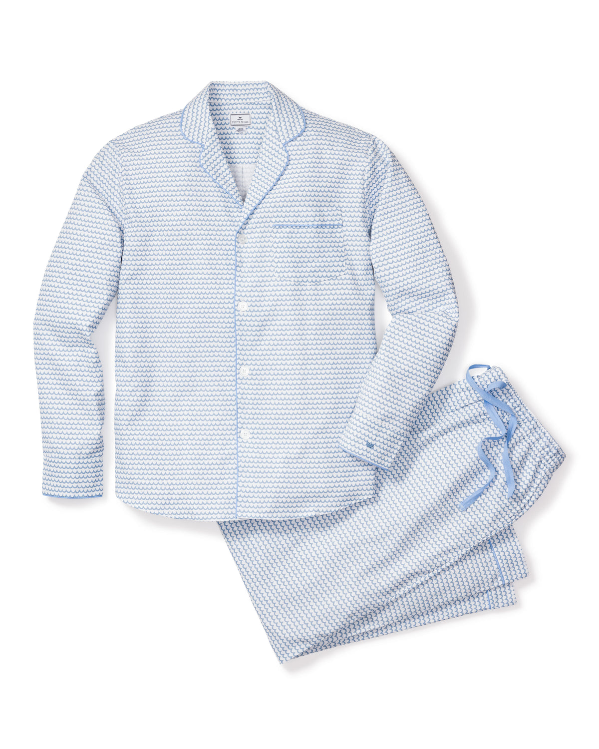 Front view of Men’s La Mer Pajama Set showcasing blue wave pattern and contrast piping on a white background