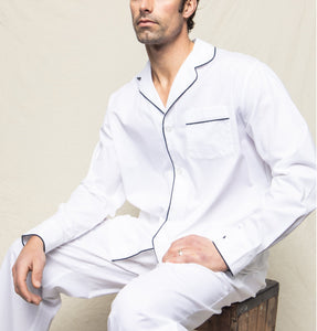 Men's White Pajama Set with Navy Piping