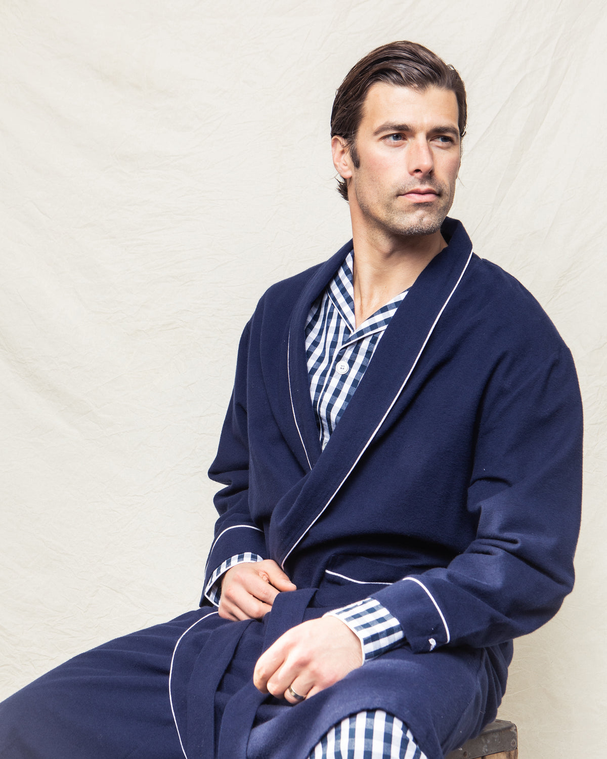 Men’s Navy Flannel Robe with White Piping