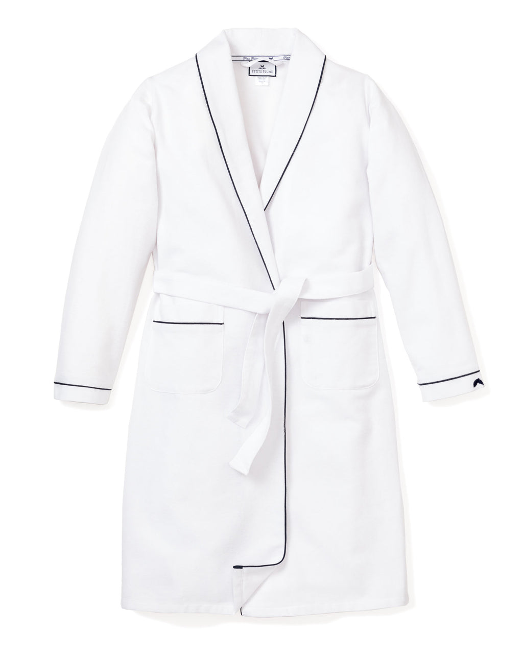 Men’s White Flannel Robe with Navy Piping