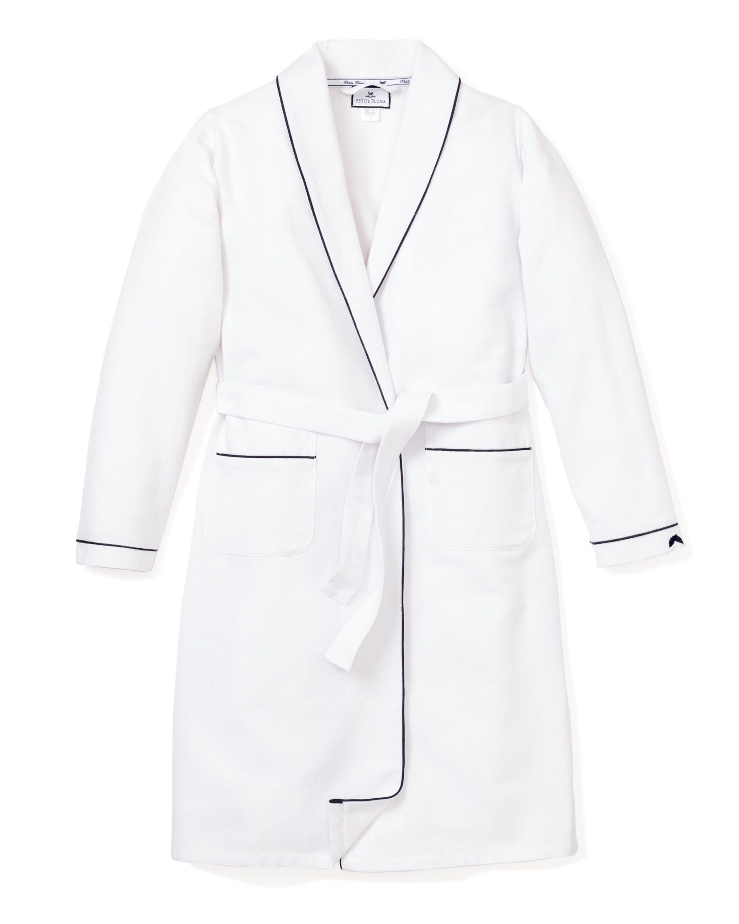 Men’s White Flannel Robe with Navy Piping