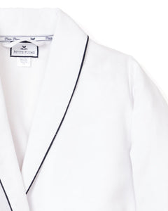 Men's White Flannel Robe with Navy Piping