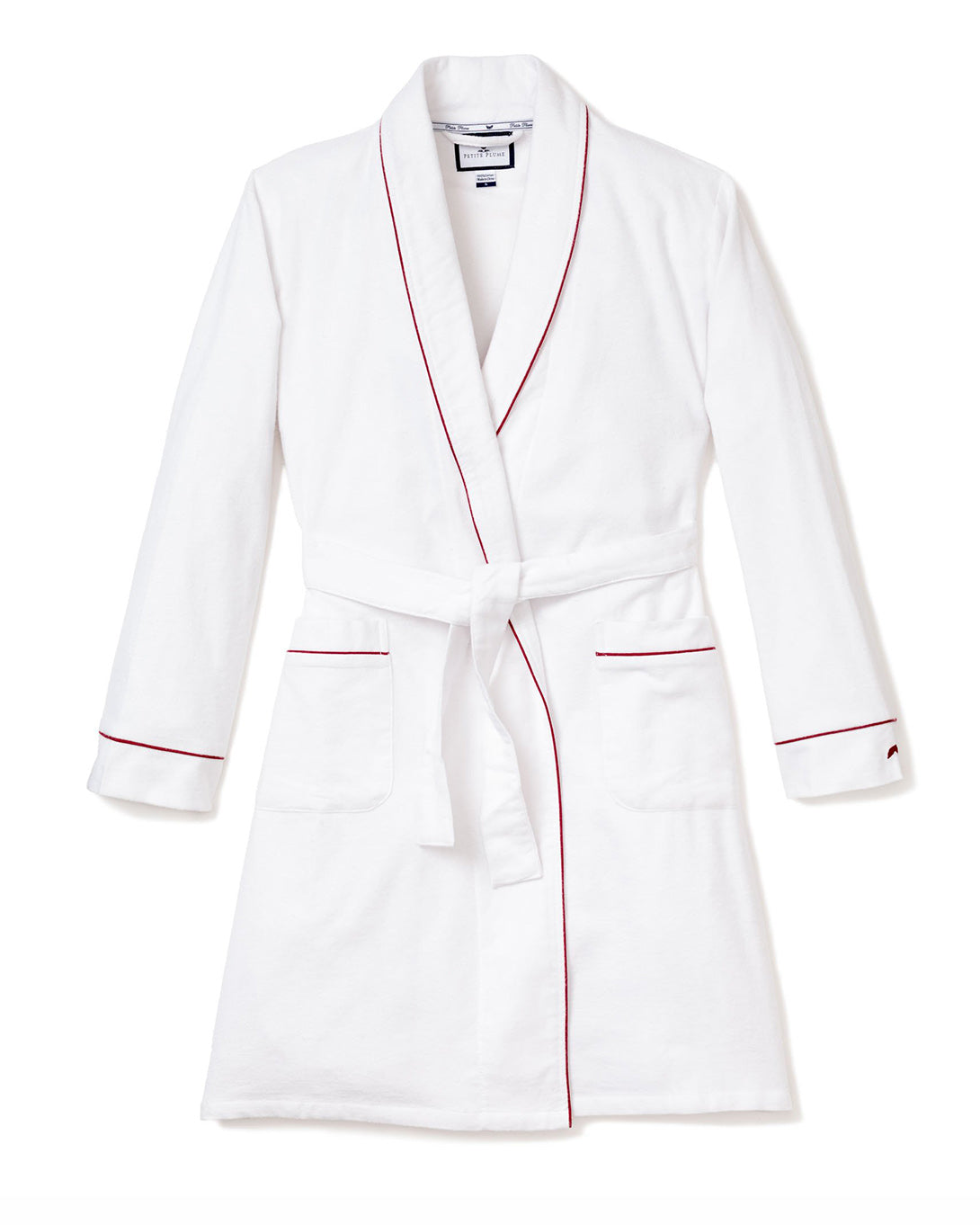 Front view of men’s white flannel robe with red piping showcasing belted waist and front pockets on white background