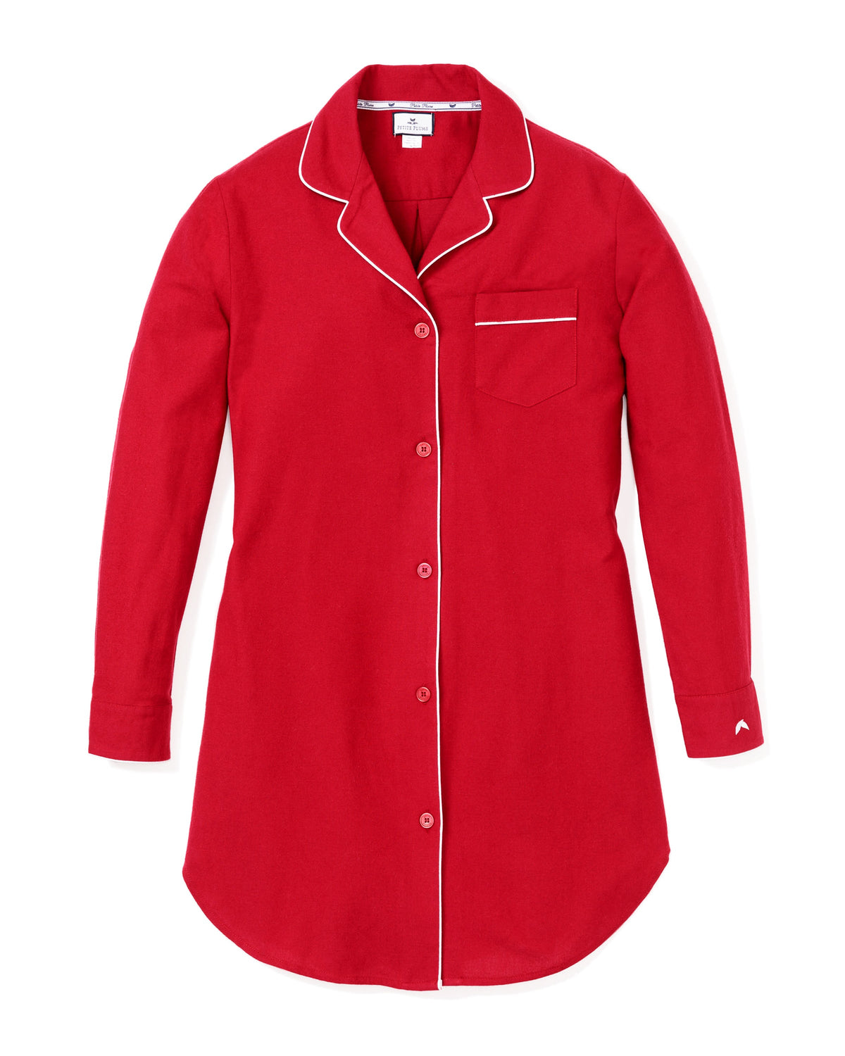 Front view of women’s red flannel nightshirt with white piping, pearl buttons, chest pocket, and long sleeves on a white background