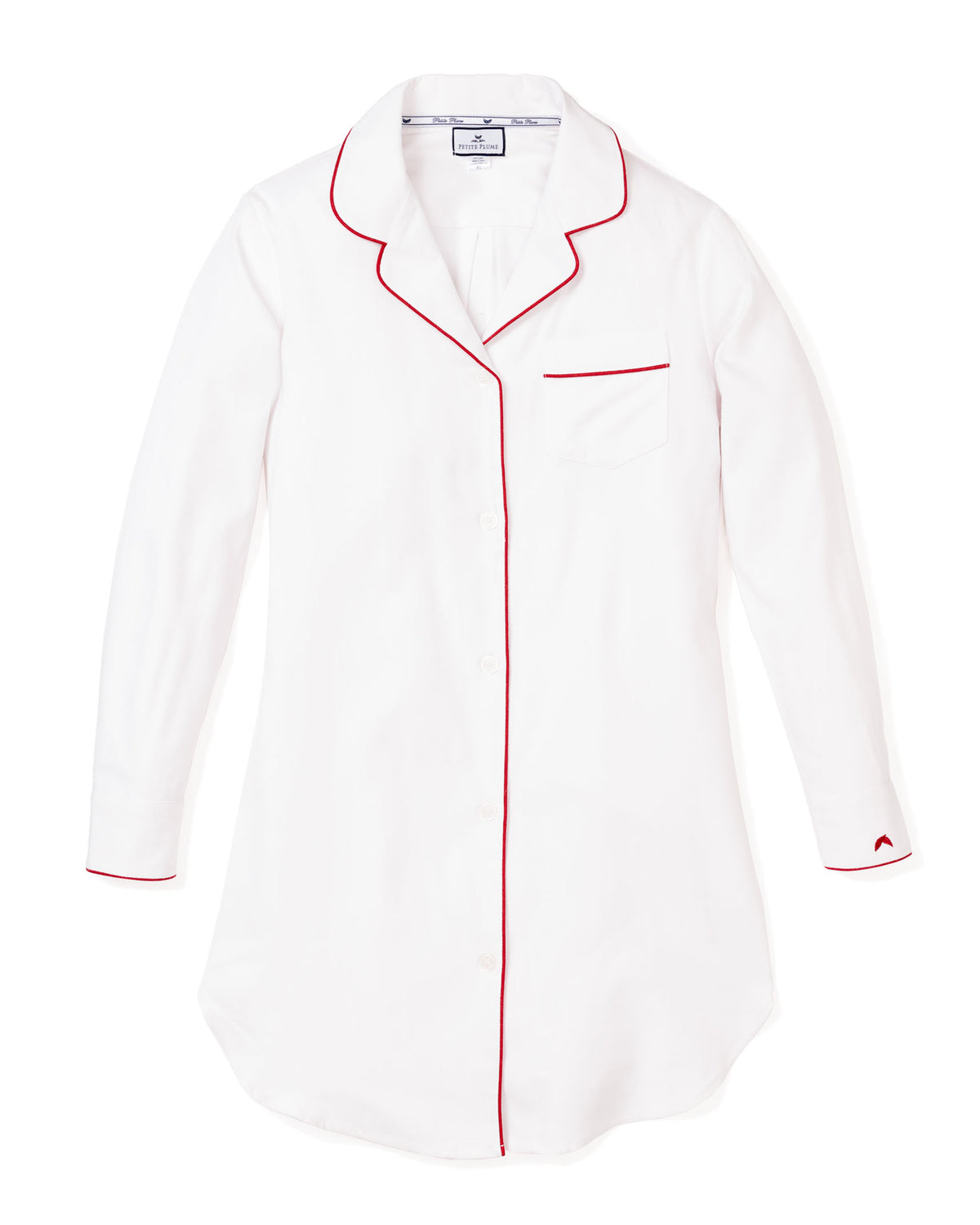 Front view of Womens White Twill Nightshirt with Red Piping showcasing pearl buttons and chest pocket on a white background