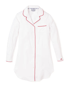 Women's White Twill Nightshirt with Red Piping