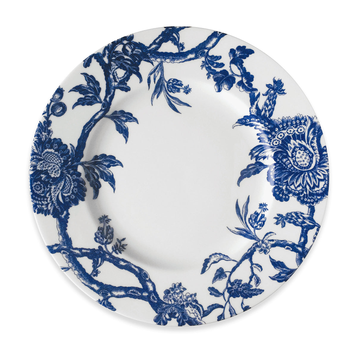 Top view of Arcadia Rimmed Dinner Plate Blue showcasing blue colonial floral rim on white porcelain