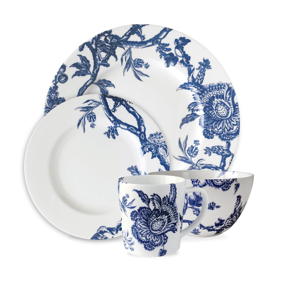 Front view of Arcadia Place Setting Blue, set of 4 showcasing blue floral patterns on white dinnerware with white background