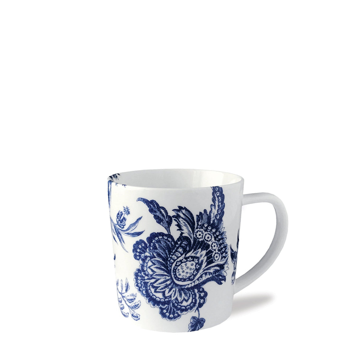 Angled front view of Arcadia 14 oz mug showing blue floral pattern on white porcelain with handle on right