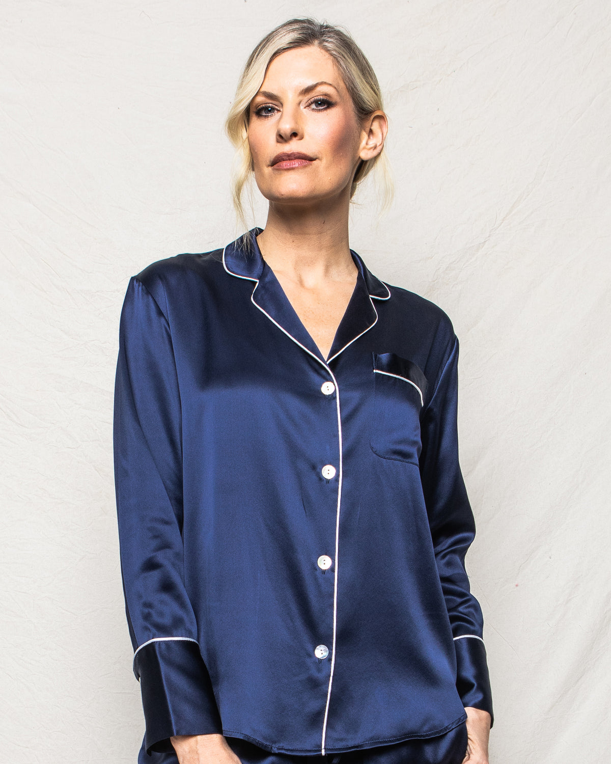 Women’s Navy Silk Wide Cuff Pajama Set