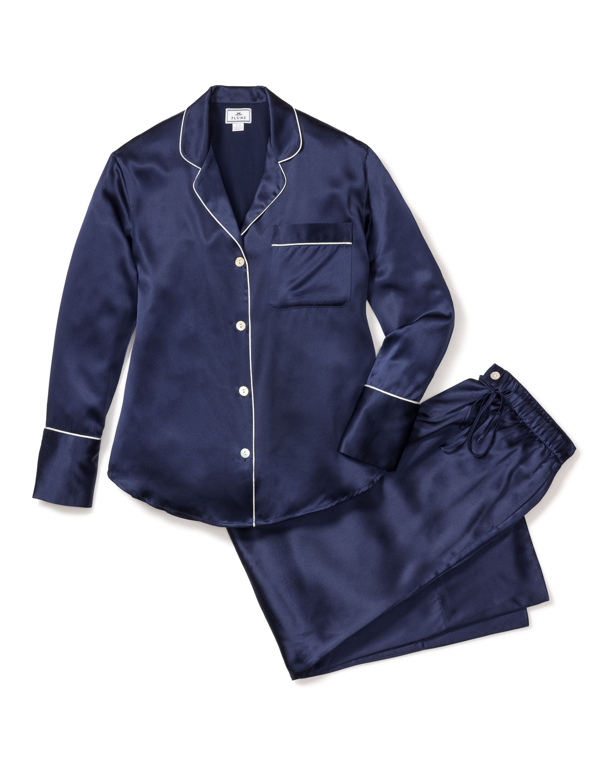 Women’s Navy Silk Wide Cuff Pajama Set