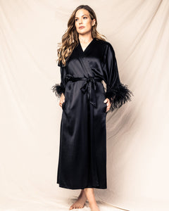 Women's Mulberry Black Silk Luxe Long Robe with Feathers