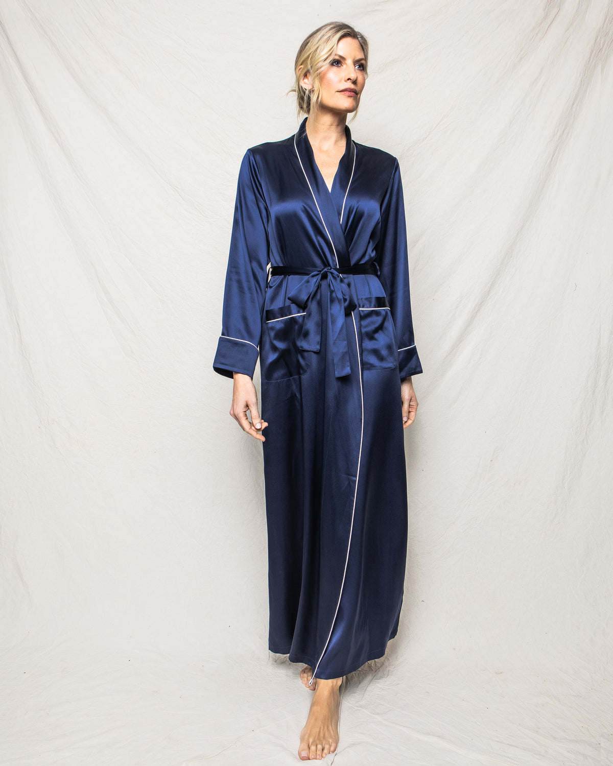 Women's Navy Silk Long Robe