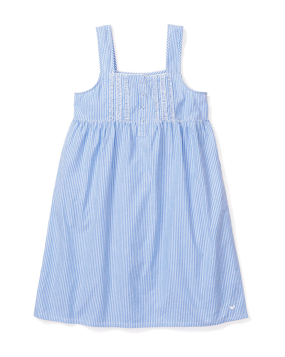 Front view of Women’s French Blue Seersucker Charlotte Nightgown showcasing ruching, buttons, and wide hem on white