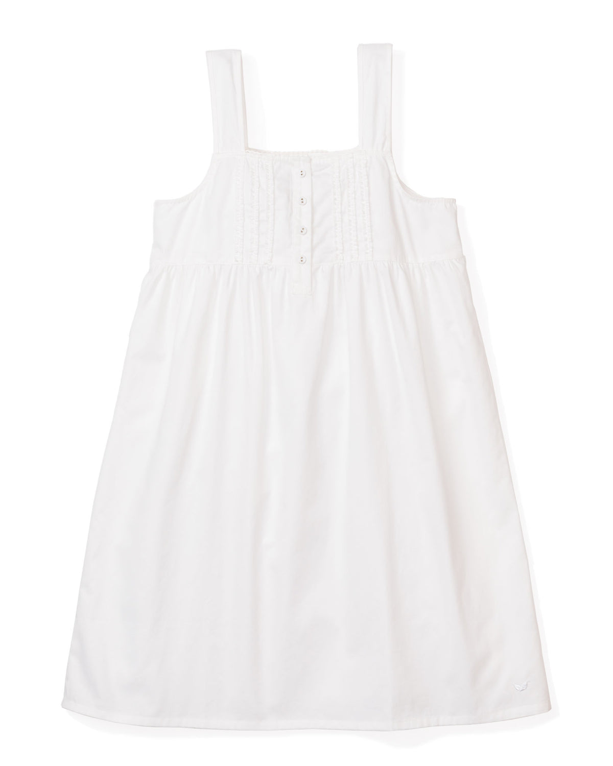 Front view of Women’s White Charlotte Nightgown showcasing lace trim and button front on white background