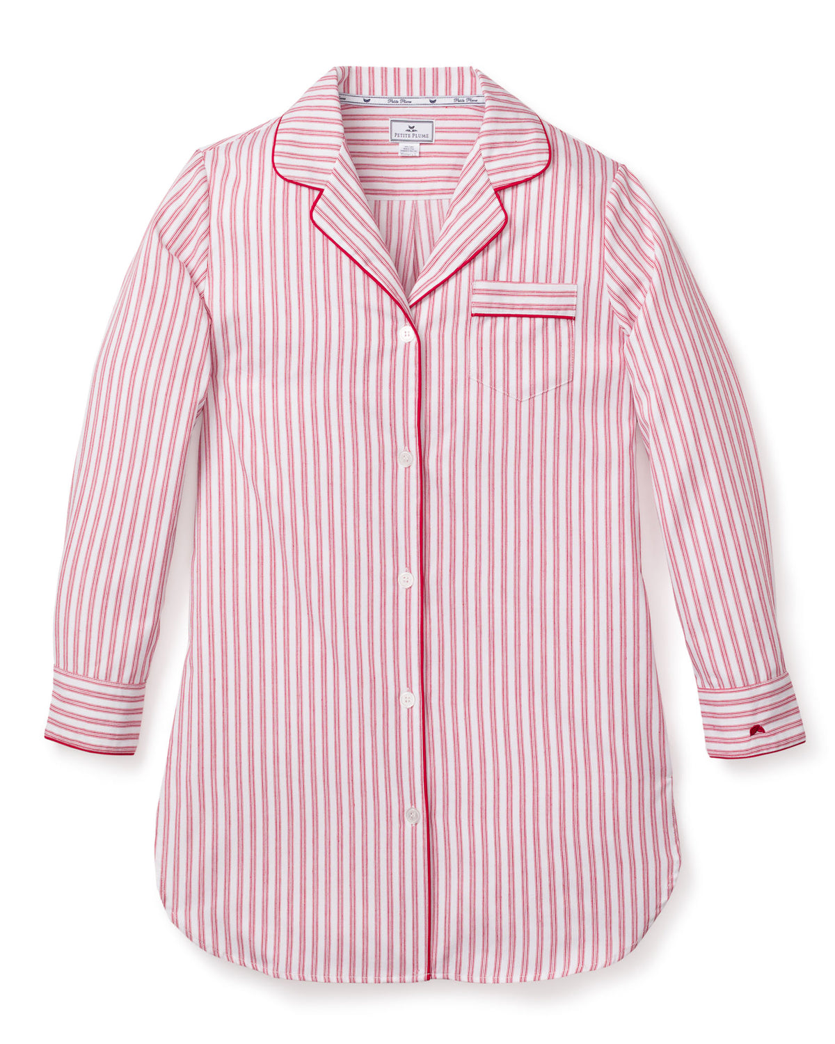 Front view of Women’s Antique Red Ticking Nightshirt showcasing red and white ticking stripes, contrast piping, and chest pocket on a white background