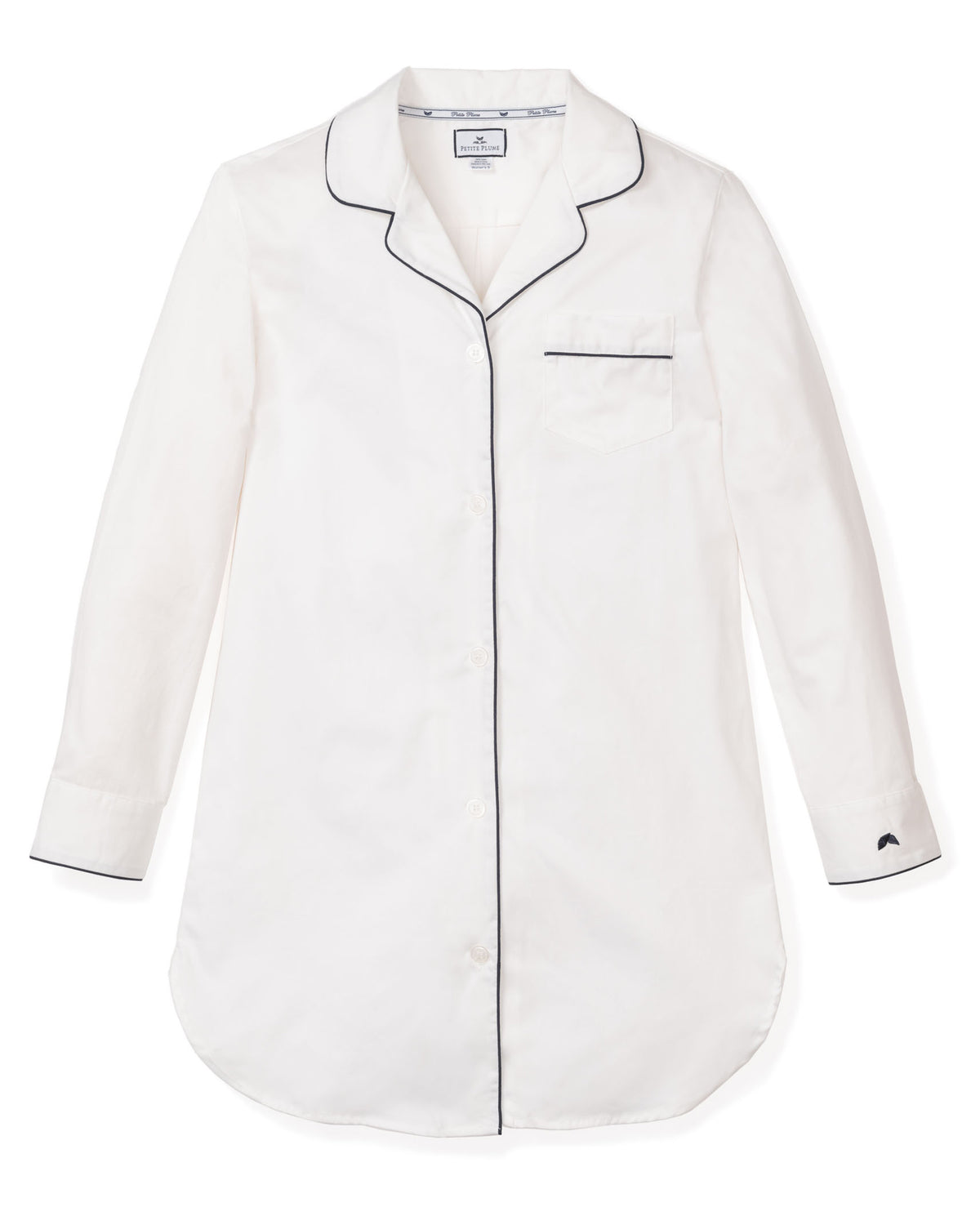 Front view of Women’s White Nightshirt with Navy Piping showing long sleeves, pearl buttons, and chest pocket on white background