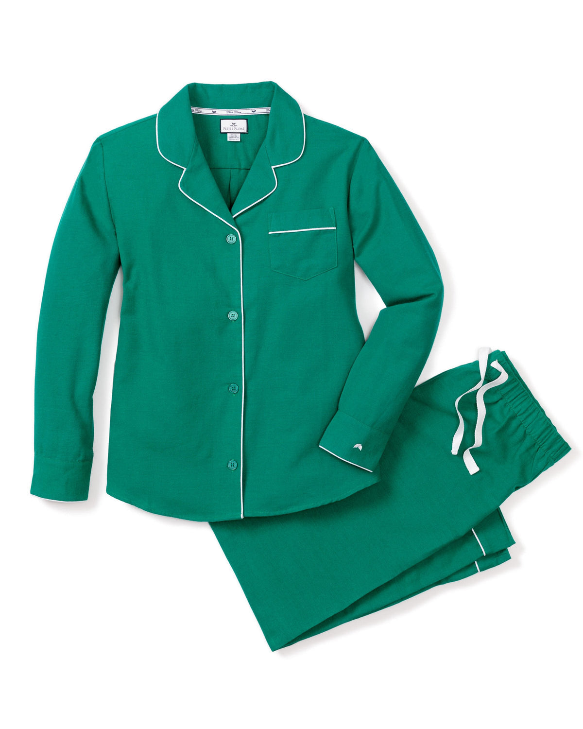 Flat lay of Women’s Forest Green Classic Flannel Pajama Set showcasing contrast piping, chest pocket, and drawstring pants