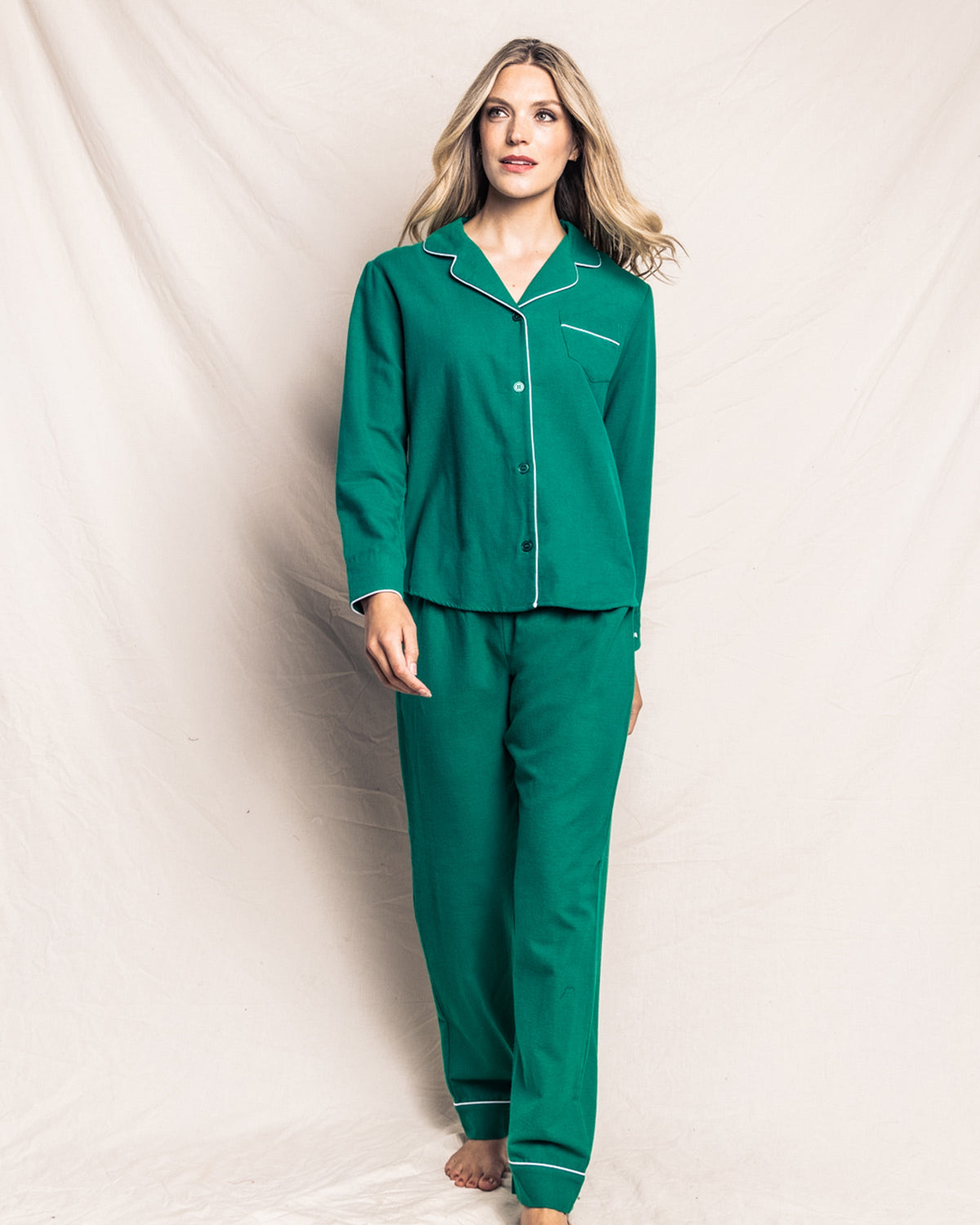 Front view of Women’s Forest Green Classic Flannel Pajama Set showcasing contrast piping with a white backdrop