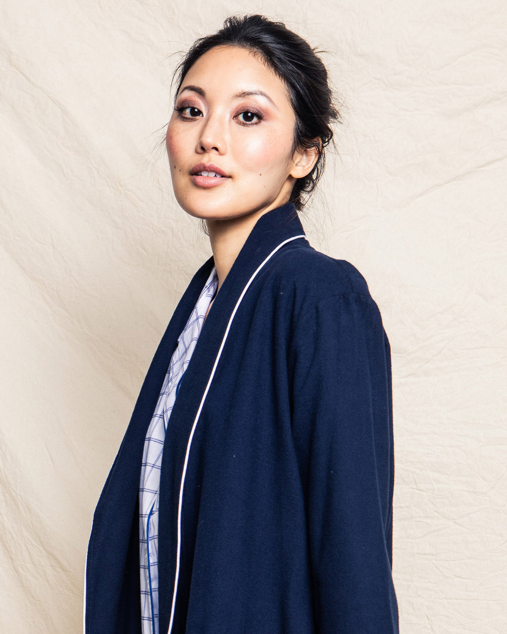 Women’s Navy Flannel Robe with White Piping