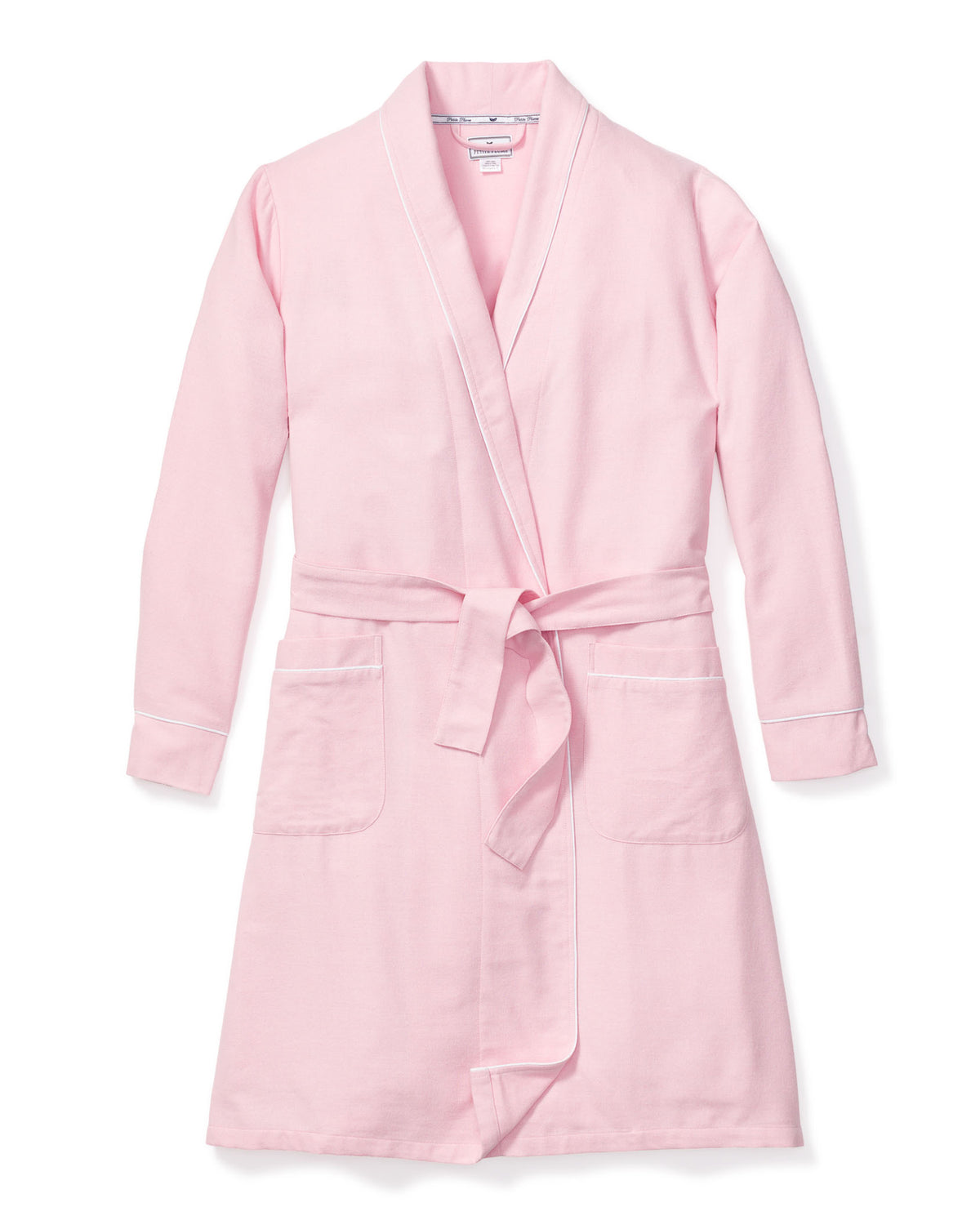 Front view of Women’s Pink Flannel Robe showcasing white piping, shawl collar, belt, and two pockets on a white background
