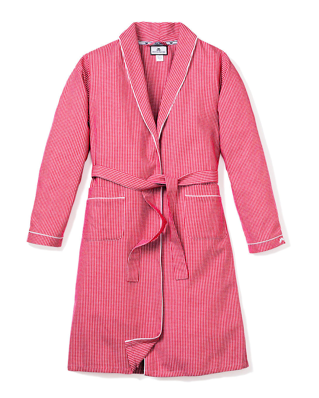 Front view of women’s red mini-gingham robe showcasing shawl collar, self-tie belt, and patch pockets on white background