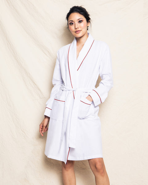 Women’s White Flannel Robe with Red Piping | Over The Moon