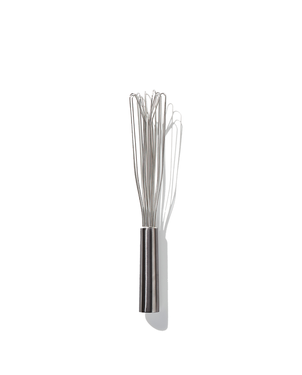 Front view of The Air Whisk showcasing flat-headed stainless steel wires and brushed metal handle on white background