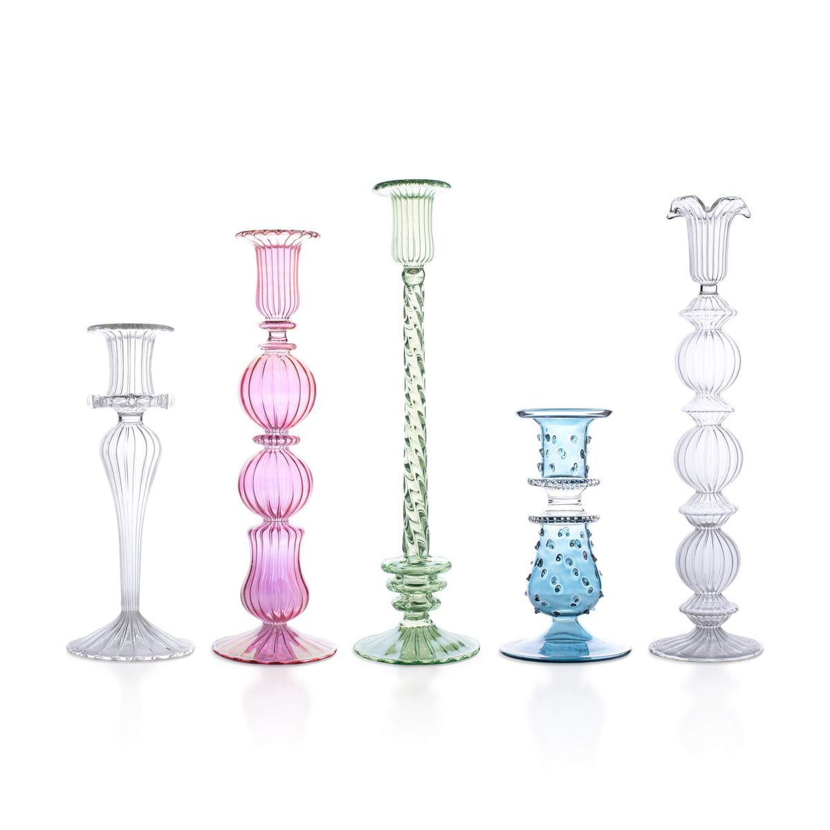 Issy Granger coloured glass candlesticks, glass candle holders