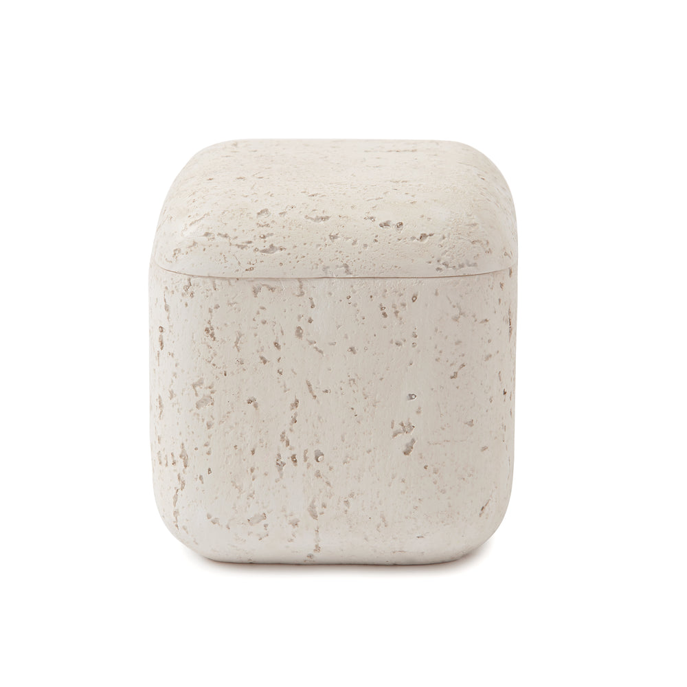 Front view of Aman Cotton Jar showcasing rounded-square resin body with speckled ivory finish on white background