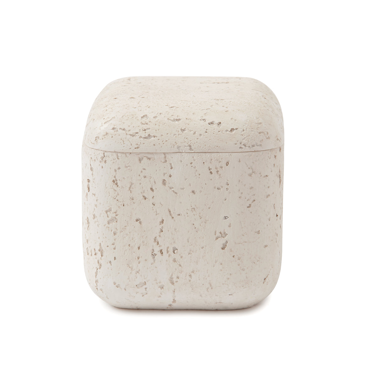 Front view of Aman Cotton Jar showcasing rounded-square resin body with speckled ivory finish on white background