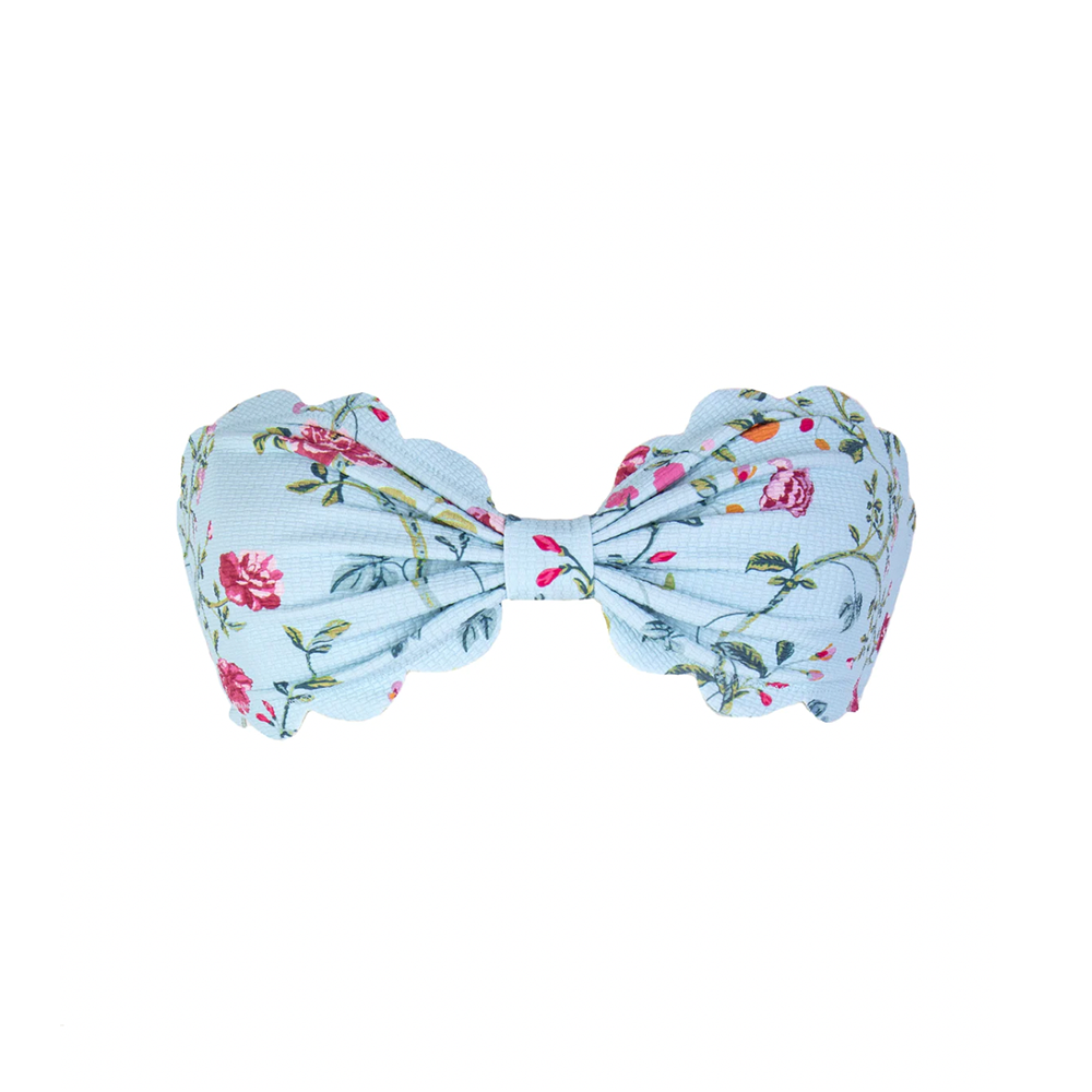 Front view of Antibes Top in Blue Floral showcasing scalloped edges and floral print on white background