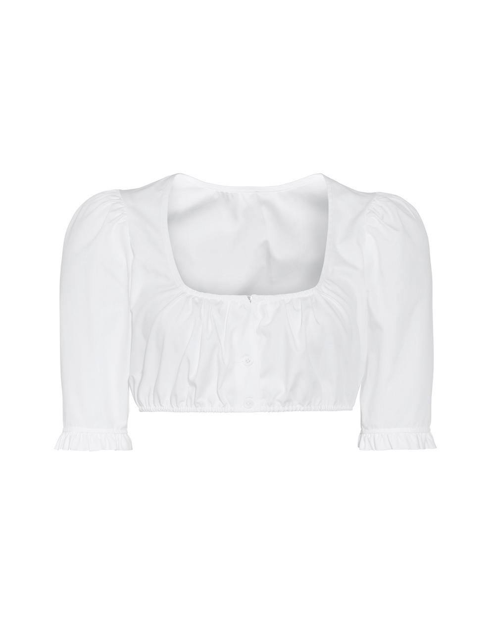 Front view of white Antonia Dirndl Blouse with gathered shoulders, long sleeves and ruffled cuffs